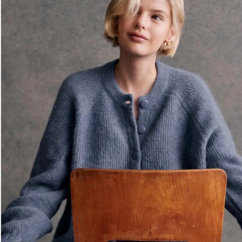 Sezane Dusty Blue Button-Up Knit Cardigan